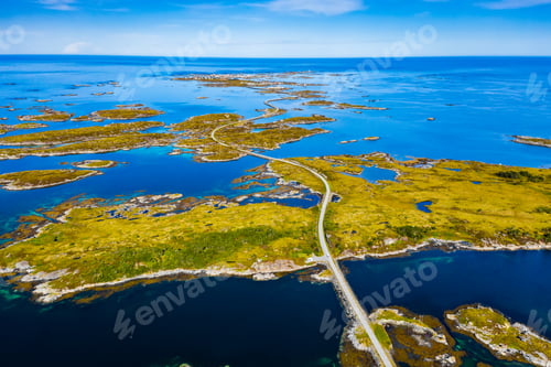 Preview: Scenic aerial view of beautiful road with bridge on the island Smola, Norway