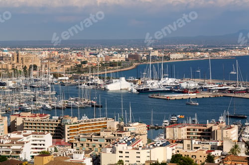 Preview: port with yachts and the city of Palma De Mallorca