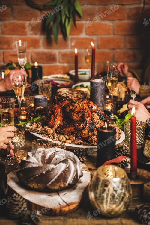 Preview: People celebrating Christmas or New Year with turkey and snacks