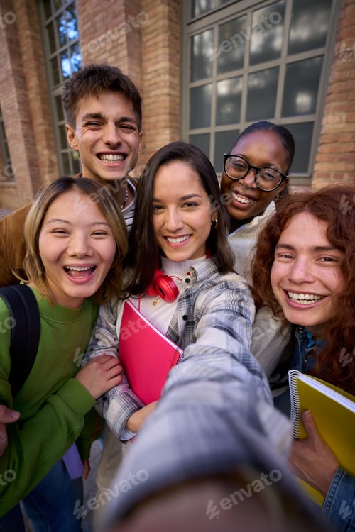 Preview: Group of happy multirracial friends having fun outdoors at the park. Looking at camera and smiling.