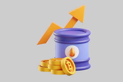 Preview: Oil barrel with Bitcoin logo and upward-pointing arrow