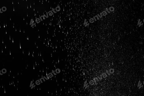 Preview: texture of rain overlay effect black background. Transparent drops falling down on black background