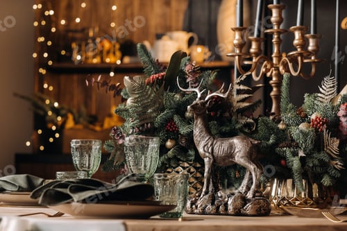 Preview: Christmas table decoration, Banquet table with glasses before serving food, Close-up of Christmas