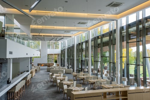 Preview: Interior of modern luxurious with two rows of tables and white couches for rest