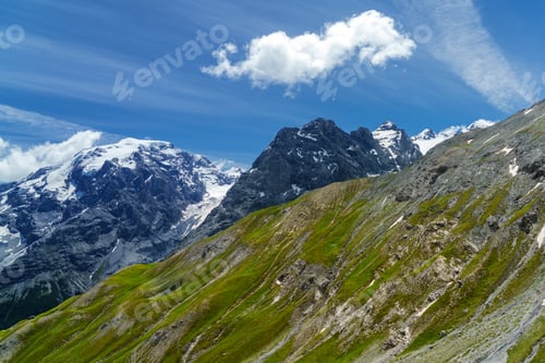 Preview: Mountain landscape along the road to Stelvio pass at summer. Glacier