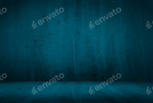 Preview: Vintage grunge blue concrete texture studio wall background with vignette.