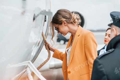 Preview: A young woman in yellow clothes is accompanied by an airline workers