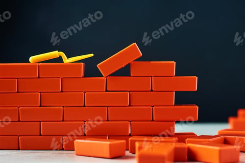 Preview: Finishing task concept. Brickwork and building trowel on a dark background