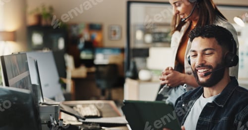 Preview: Headset, tech support and man in coworking office with smile, online advice and website management.