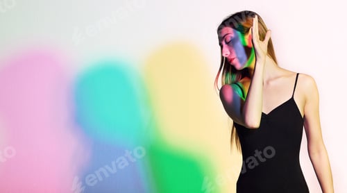 Preview: Light, beauty and fashion with woman in studio for creative, aesthetic or neon glow. Kaleidoscope,
