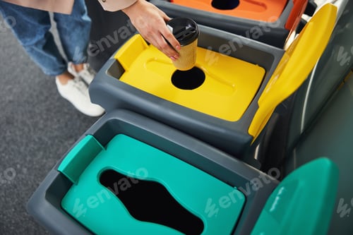 Preview: Female hand throwing coffee cup in trash can