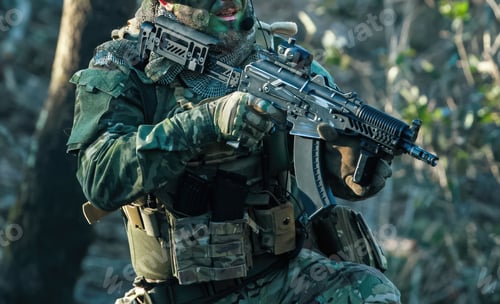 Preview: Soldier aiming with airsoft gun during military training exercise in forest