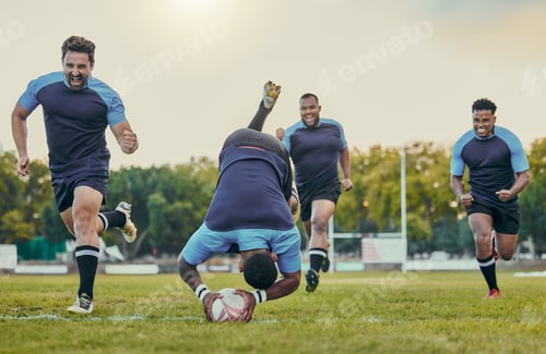 Preview: Sports, rugby and team on field, men playing game with energy and fitness, player score try and gro