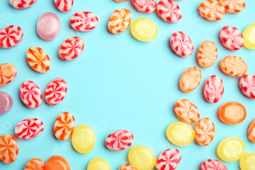 Preview: Flat lay composition with delicious colorful candies and space for text on color background
