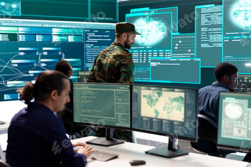 Preview: Military IT experts working on cyber security in a high tech government office