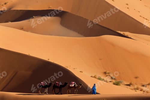 Preview: Tuareg man leading camel train through the Sahara desert.