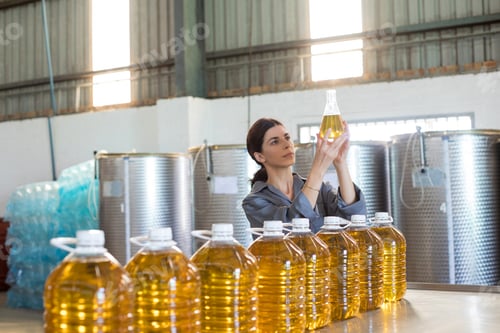 Preview: Female technician examining olive oil
