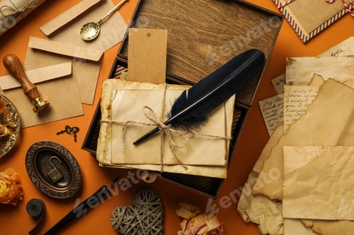 Preview: Wooden box with old letters and feather, vintage papers and souvenirs on orange background, top view