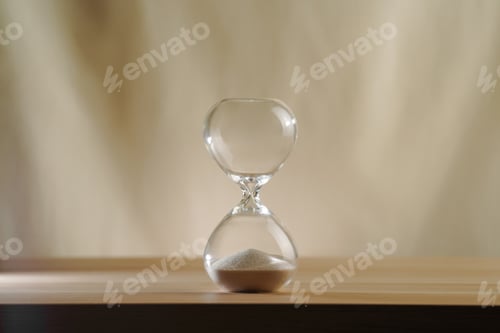 Preview: Minimalist Glass time over Hourglass on Wooden Surface with Beige Background