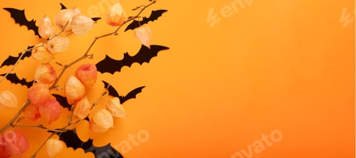 Preview: Orange Halloween background. Flock of black bats and branch of dry orange flowersfor Halloween. Blac