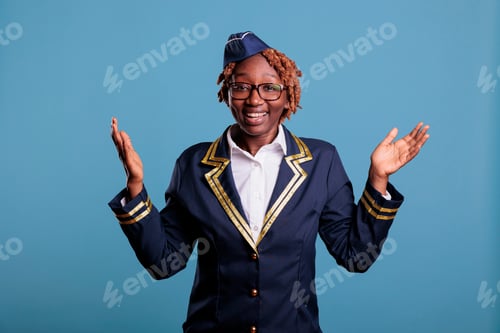 Preview: Professional female flight attendant happily greeting arriving passengers at airplane cabin. Woman