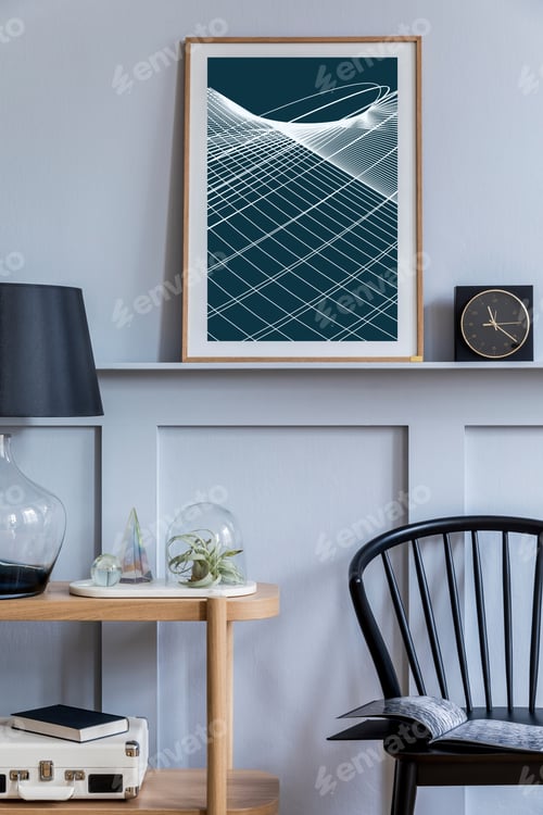 Preview: Stylish scandinavian living room interior with design black chair.