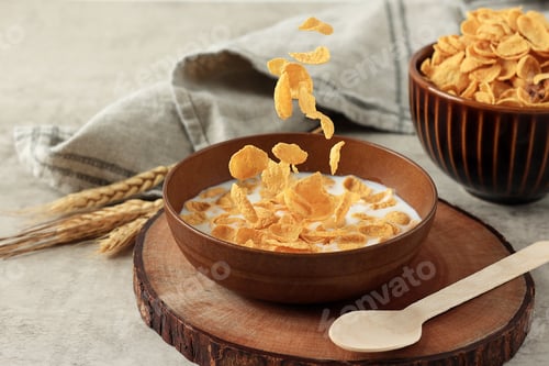 Preview: Cornflakes in Brown Bowl with Milk