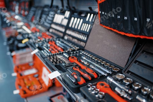 Preview: Showcase with toolboxes in tool store closeup