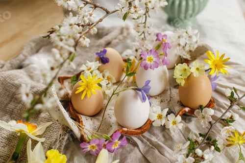 Preview: Happy Easter! Rustic easter still life. Stylish easter eggs and blooming spring flowers