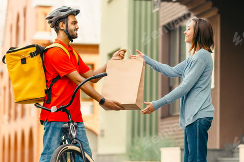 Preview: Smiling millennial indian male gives package to woman client near house