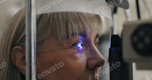 Preview: Patient, slit lamp or ophthalmology as eye test, medicine or optometry as healthcare technology. Ma