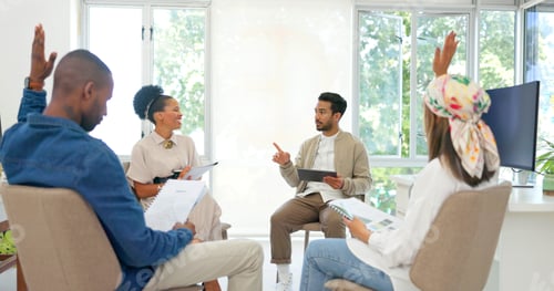Preview: Businessman, talking or answer hands in diversity workshop, training or feedback on tablet or paper