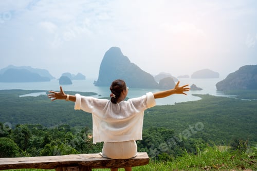 Preview: beautiful Refreshed woman in the Park Graden. Happy woman at Samet Nangshe Viewpoint park