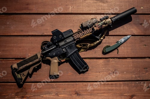 Preview: Rifle and knife on wooden table
