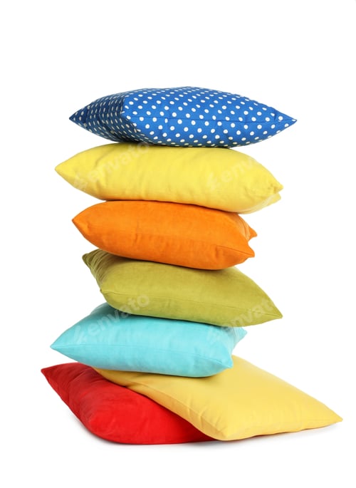 Preview: Stack of colorful decorative pillows on white background