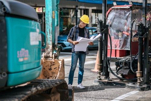 Preview: Civil engineers work on large road and machinery conditions.