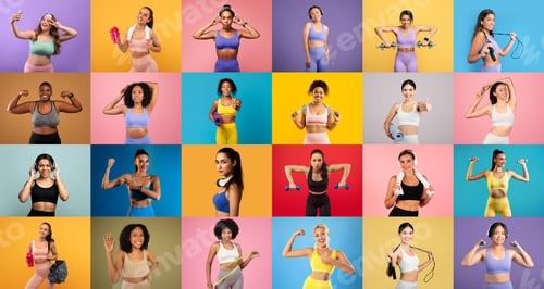 Preview: Diverse women showcasing strength and fitness in vibrant workout settings