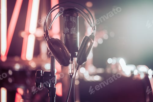 Preview: Studio microphone and headphones on a close-up stand, in a recording Studio or concert hall.