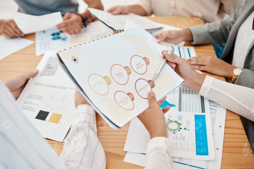 Preview: Financial audit, progress report and documents in meeting, startup team working on business growth