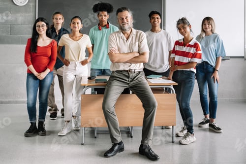 Preview: Multi-ethnic group of teenager secondary school students and friendly teacher