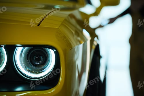 Preview: Headlight on the front part of luxurious electric car of yellow color