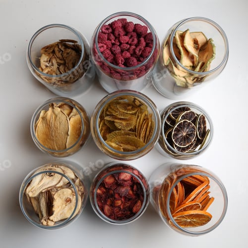 Preview: dry fruits raspberry strawberry apple orange kiwi top view