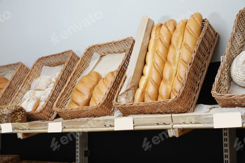 Preview: Trays with different breads on shelf in bakery