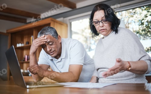 Preview: Mature couple, debt and stress of budget in home with anxiety, planning money and mortgage bills. F