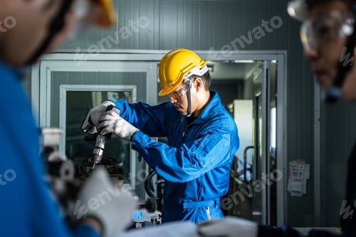 Preview: Asian mechanical workers working on milling machine.