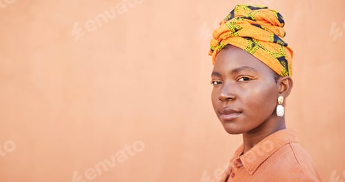 Preview: Portrait, black woman and head scarf with cosmetics, natural beauty and mockup on studio background