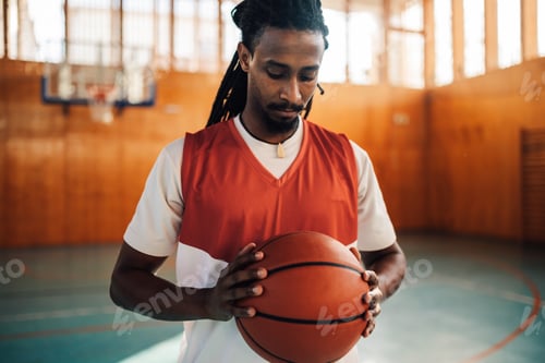 Preview: Interracial basketball player standing on court with a ball in his hands.