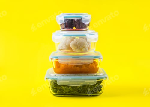 Preview: Meal prep concept. Glass airtight containers with cooked food veggies