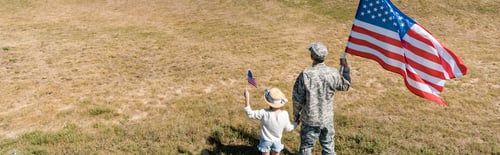Preview: panoramic shot of military man and patriotic kid holding american flags