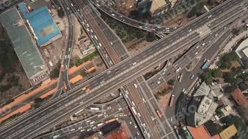 Preview: Cross highway top down at Philippines cityscape aerial. Cars, buses, vans, trucks at traffic road